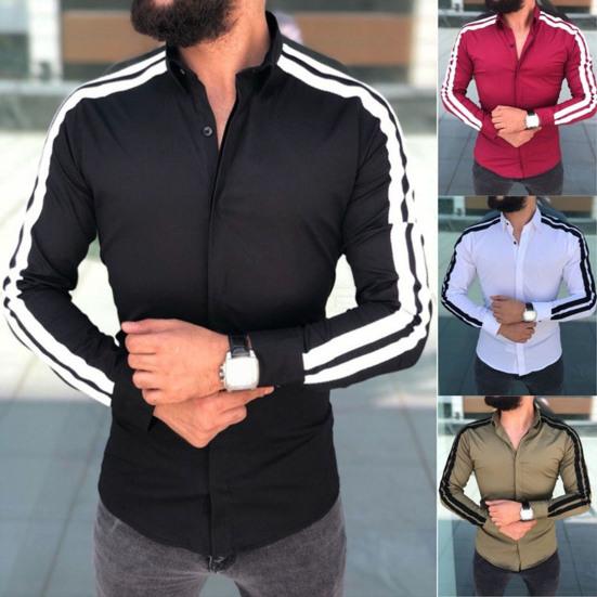 Long Sleeve Turn-down Collar Men Shirt Button Cuffs Side Striped Slim Office Shirt Leisure Clothing