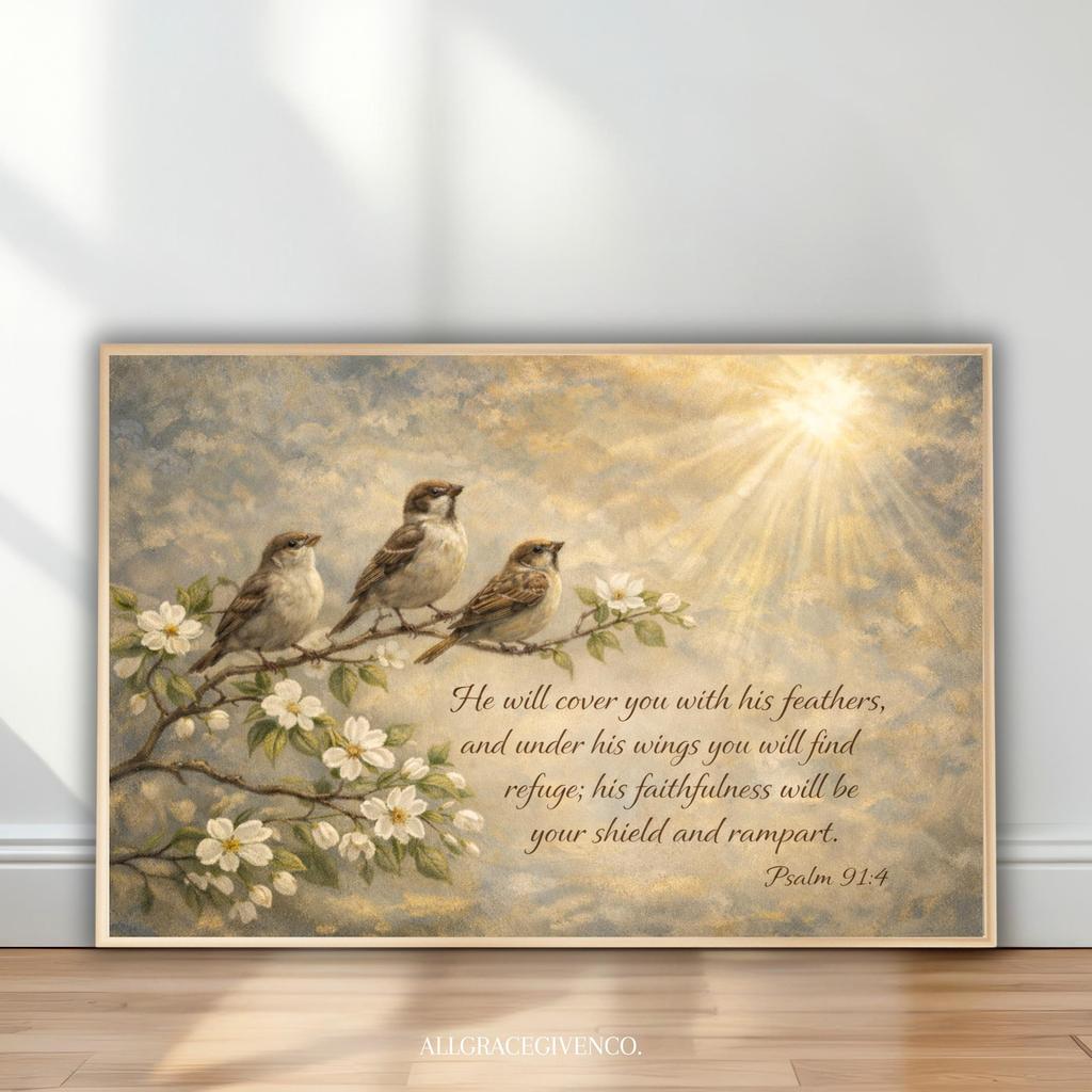 Psalm 91:4 Sparrow Wall Art, Christian Farmhouse Canvas, He Will Cover You With His Feathers Verse, Scripture Wall Decor, Living Room Art
