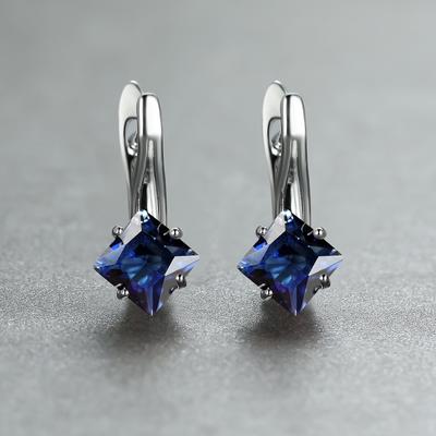 1 пара серег-клипс серебряного цвета с огранкой принцессы, синих, зеленых, цвета морской волны, красного, фиолетового цвета, серьги-клипсы с камнем для невесты, принцессы, помолвки, висячие серьги