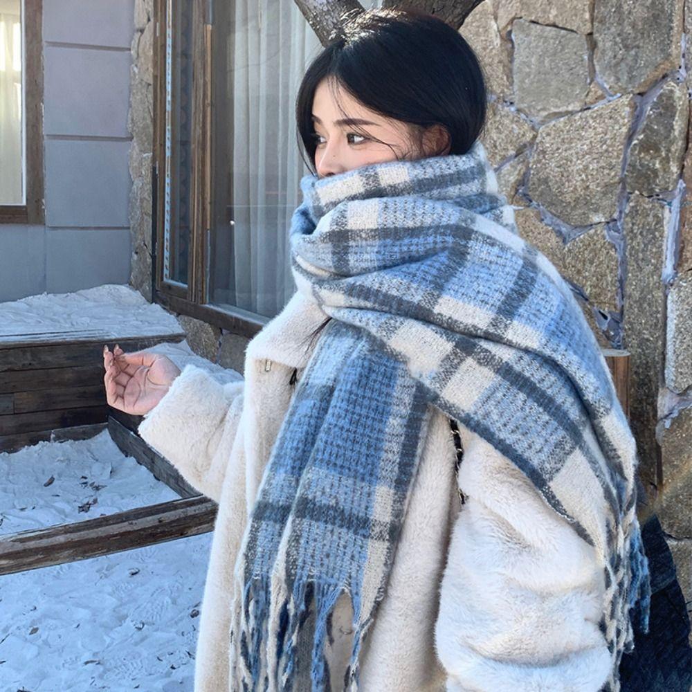 Mohair Winter Cashmere Scarves Tassel Long Shawl Retro Plaid Wool Scarf Student