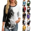 Women's Fashionable Round Neck 3/4 Sleeve Printed Casual Basic Pleated Pullover T-shirt Top