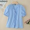 VONDA Women V Neck Puff Sleeve Buttons Up Ruffled Solid Casual Blouse