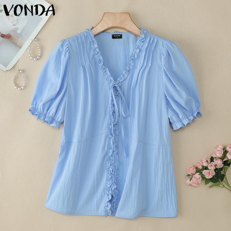 VONDA Women V Neck Puff Sleeve Buttons Up Ruffled Solid Casual Blouse
