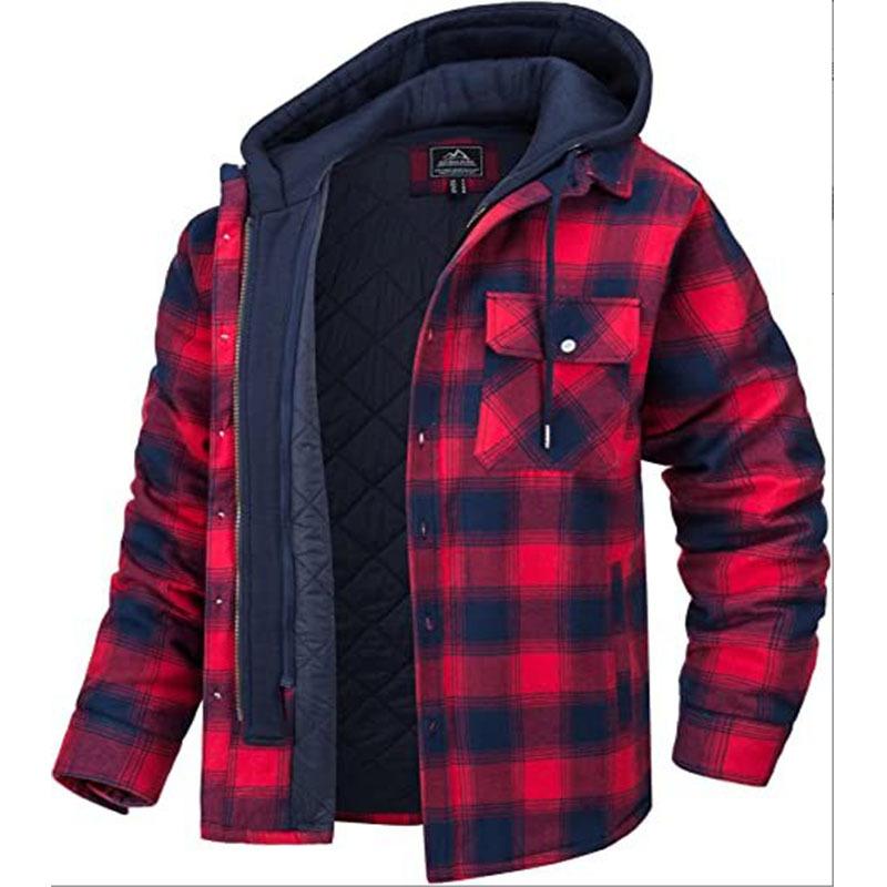 Men's Flannel Shirt Jacket with Removable Hood Plaid Quilted Lined Winter Coats Thick Hoodie Outwear Man Fleece Shirts