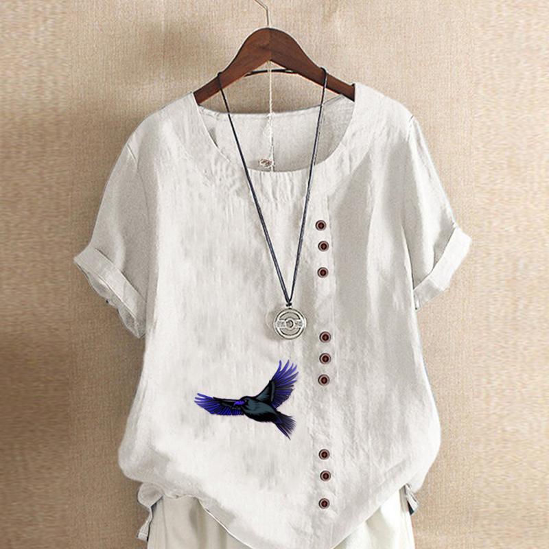 Женская модная футболка с круглым вырезом и коротким рукавом, повседневная хлопковая футболка с графическим принтом, летняя блузка топы для отдыха, свободного кроя, с принтом вороны