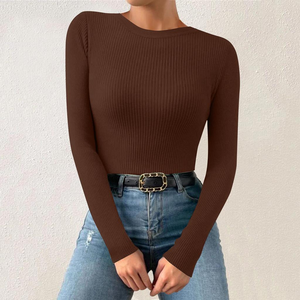 Женская однотонная футболка с круглым вырезом и вертикальными длинными рукавами