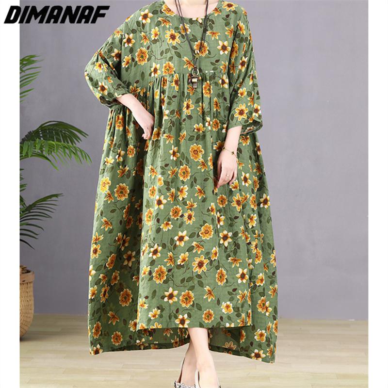 Dimanaf Женское платье больших размеров, новинка 2023 года, летнее стильное платье, свободное платье с длинным рукавом и круглым вырезом с цветочным принтом, зеленые льняные базовые платья