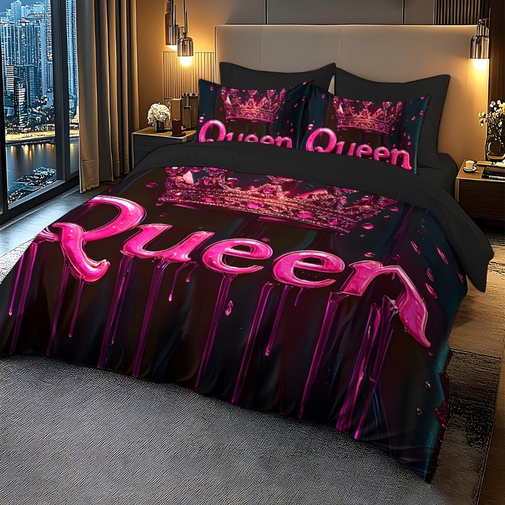 3pcs Bedding Set Pink Queen Crown 3D Print Cozy Duvet Cover King Queen Twin Size Birthday Gift for Adult Girl Bedroom Decoration