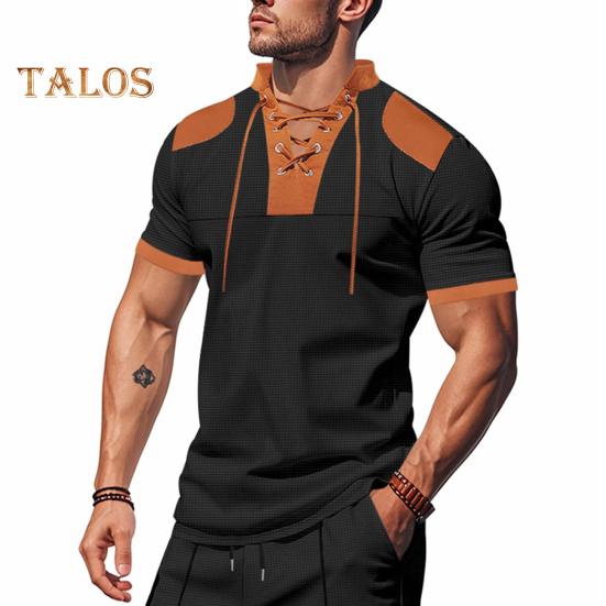 Мужская рубашка с V-образным вырезом на бретелях, цветная футболка с коротким рукавом в вафельную клетку, повседневная летняя футболка для повседневной вечеринки, офиса, путешествий