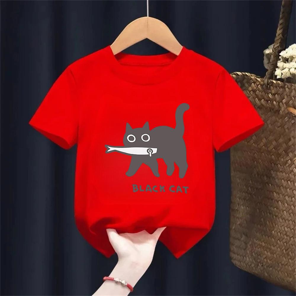 Fun A Black Cat Eating Fish Japanese Style kids TShirt Fashion Print T Shirt Breathable TShirts Cotton Clothes