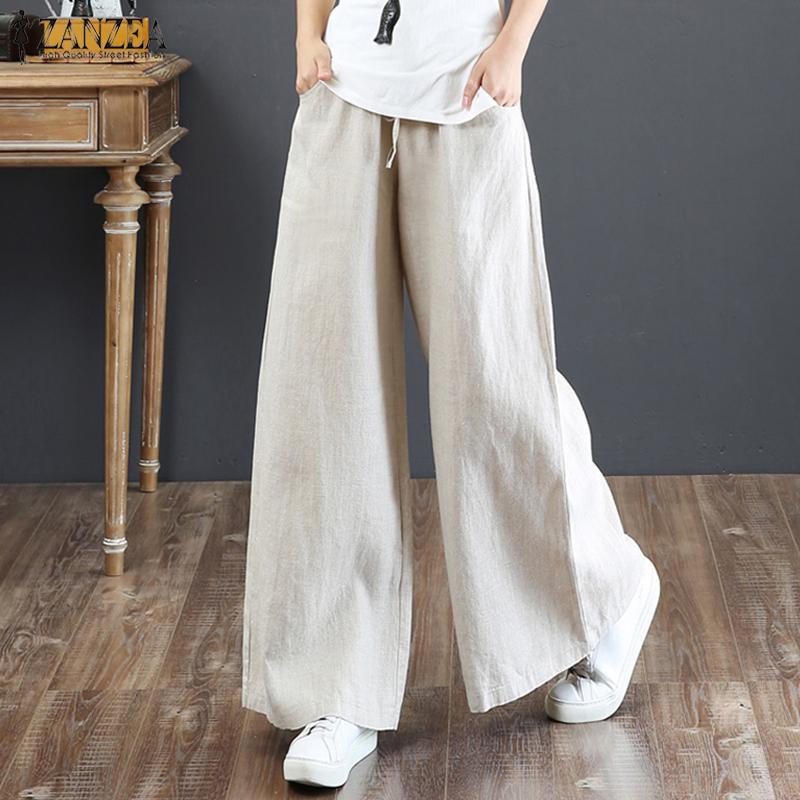 ZANZEA Vintage Women Elastic Waist Business Casual Wide Leg Trousers Culottes Flare Long Pants