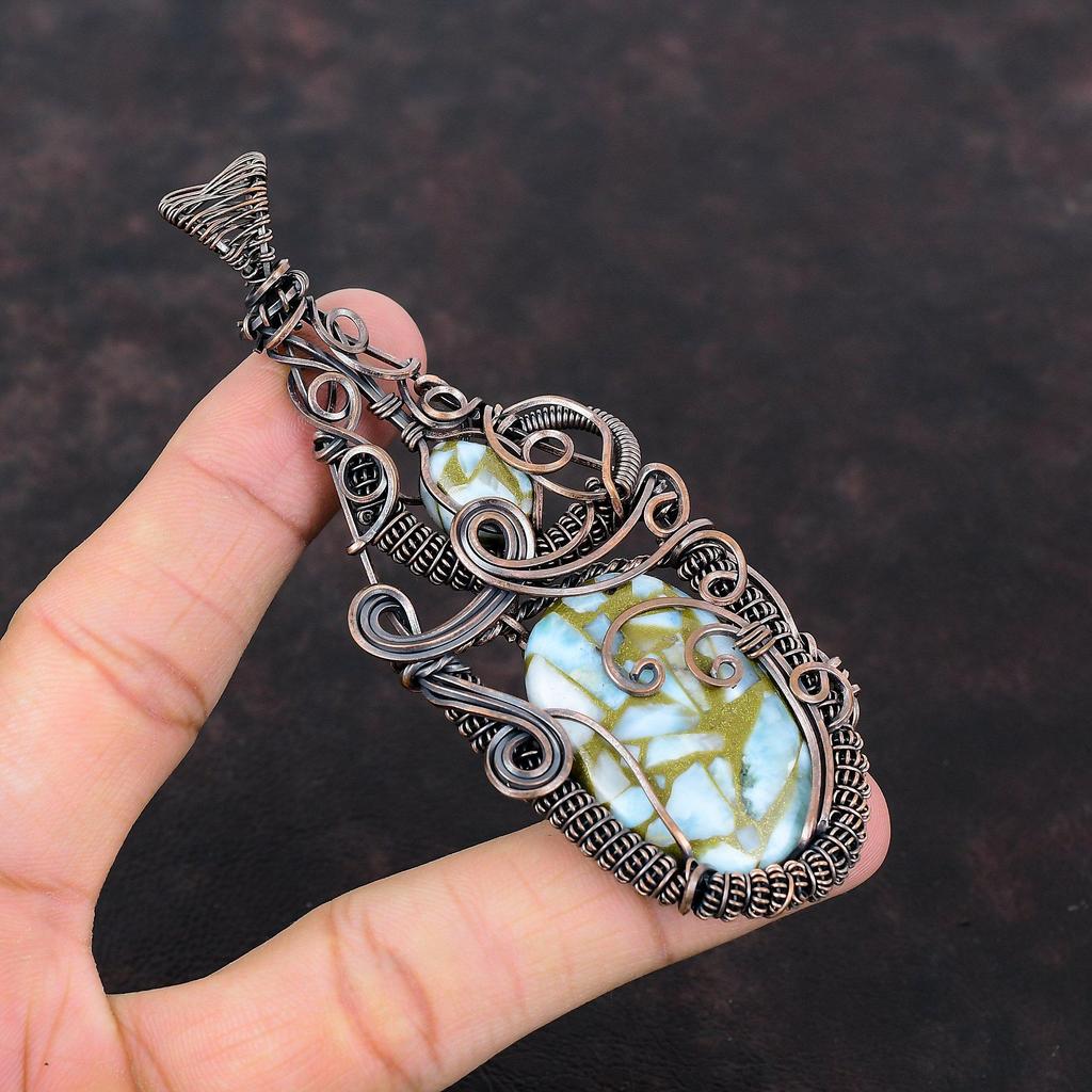Copper Larimar Pendant Copper Wire Wrapped Jewelry Gemstone Pendant Handmade Copper Pendant Larimar Jewelry Gift For Women Wire Wrap Pendant