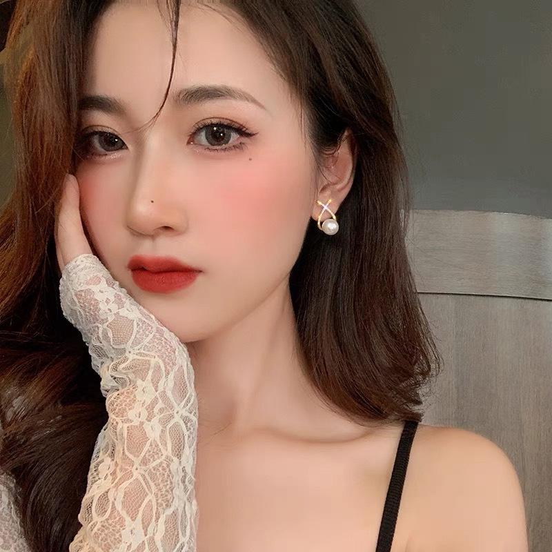 Серьги-пусеты из серебра 925 пробы в корейском стиле в виде буквы X с жемчугом - Ретро французский стиль для женщин