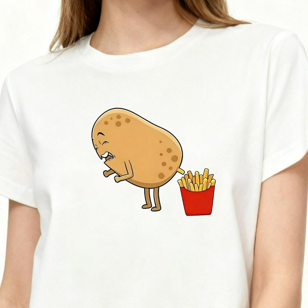 Funny Potato Popping French Fries Cute Cartoon Food Womens T‑Shirt