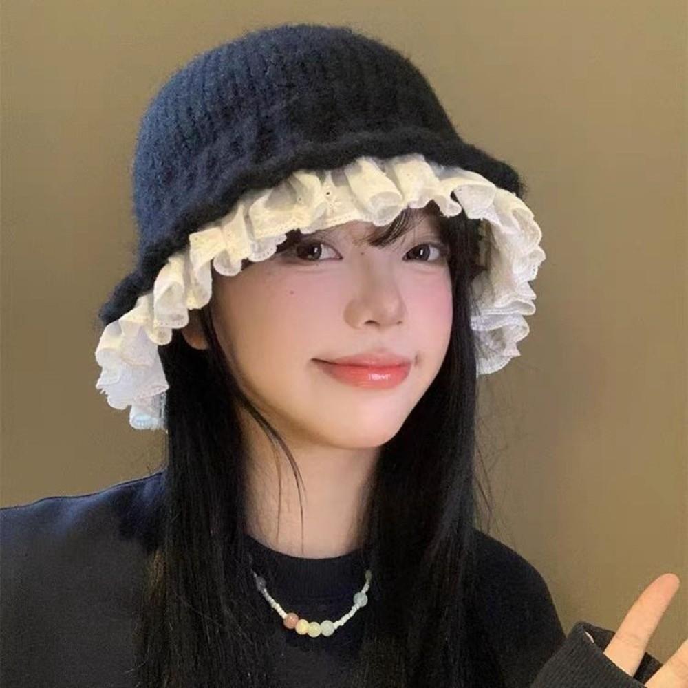 Lace Trim Women Bucket Hat Yarn Beanie Hat Sweet Knitted Fisherman Hat Holiday