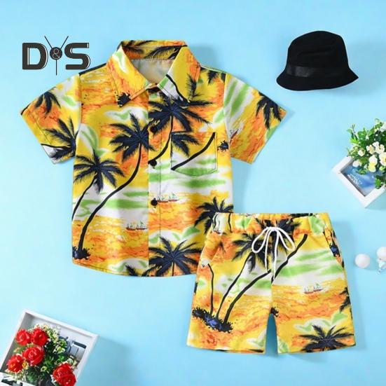 Комплект гавайской одежды для малышей, рубашка с изображением пальмовых листьев на закате, шорты, детский костюм в стиле кокоса, дышащая повседневная летняя одежда для повседневной носки