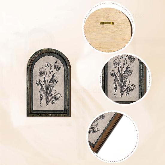 Dark Floral Halloween Art Arched Wooden Wall Decor, Ghost Cat Double-Layer Hanging Ornament, Distressed Gothic Medieval Window Style Decor Tabletop