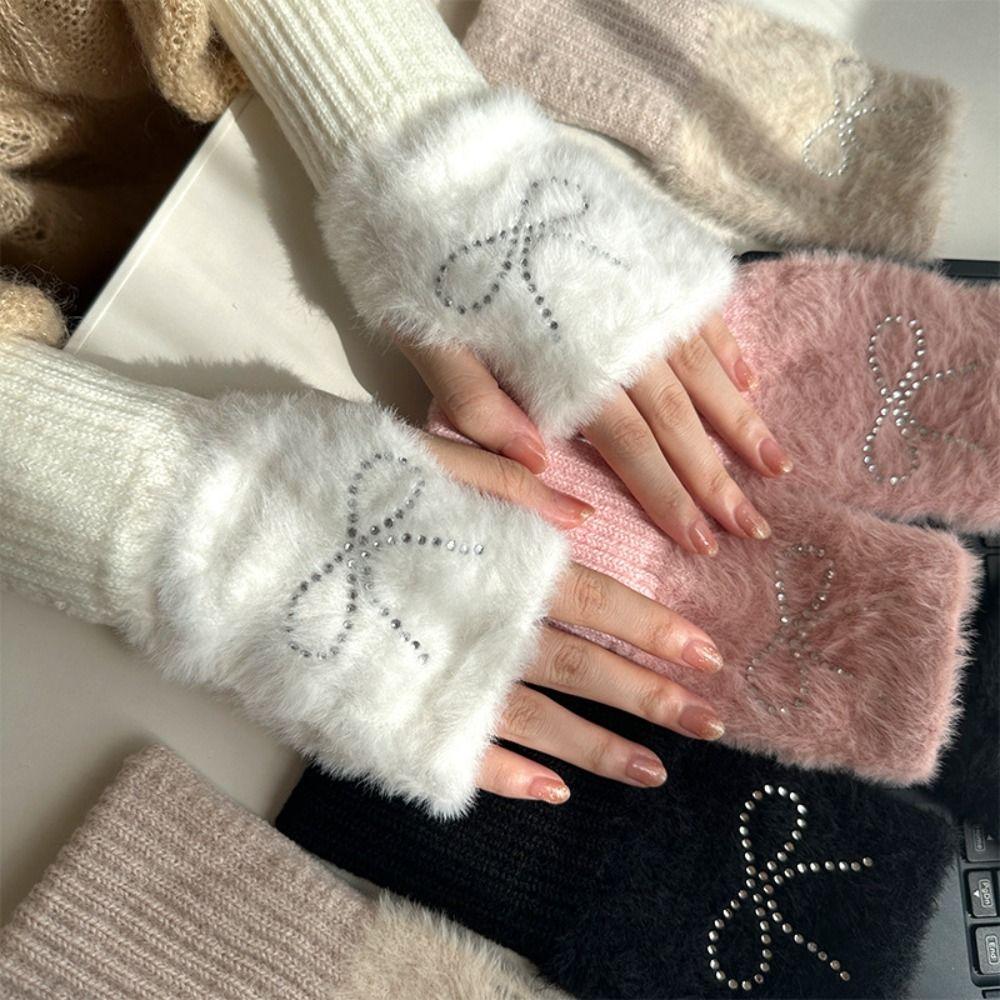 Hotfix Rhinestone Knitted Gloves Plush Half Finger Mittens Soft Bow Gloves Cycling