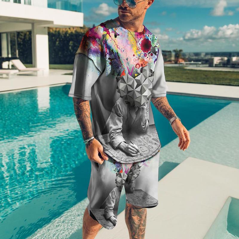 Летние комплекты футболок для мужчин, трендовый спортивный костюм с 3D принтом, комплект из 2 предметов, спортивная одежда, повседневная мужская одежда больших размеров, наряды