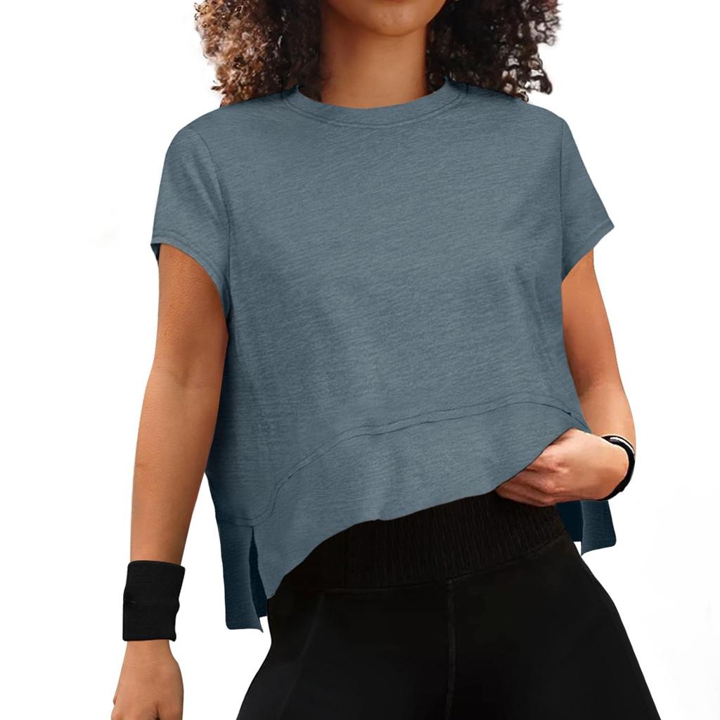 Женские летние укороченные топы с короткими рукавами и боковыми разрезами, спортивные футболки для занятий йогой в тренажерном зале