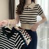Summer New Retro Sexy Spice Striped Polo Neck Short-sleeved Knit T-shirt Slim Short Top Woman