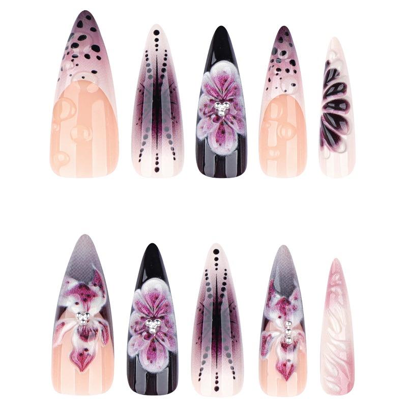 European and American foreign trade 3D floral press on nails, long almond French style. Hot-selling finished false nails for wholesale.