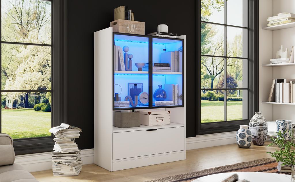 Modern LED Display Cabinet Height 120cm with LED Lighting, Living Room Cabinet with Glass Doors and Folding Door, Chipboard Display Cabinet, White