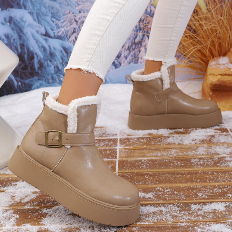 Модные водонепроницаемые женские зимние ботинки из ПУ на толстой подошве 2025 с металлической пряжкой, на массивной платформе, пушистые ботильоны до щиколотки, теплые плюшевые повседневные туфли