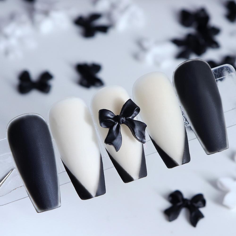 50Pc Black White Resin Bow Tie Nail Charms Decorations Cute Bowknot Rhinestone Nails Accessories for DIY Korean Manicure Designs