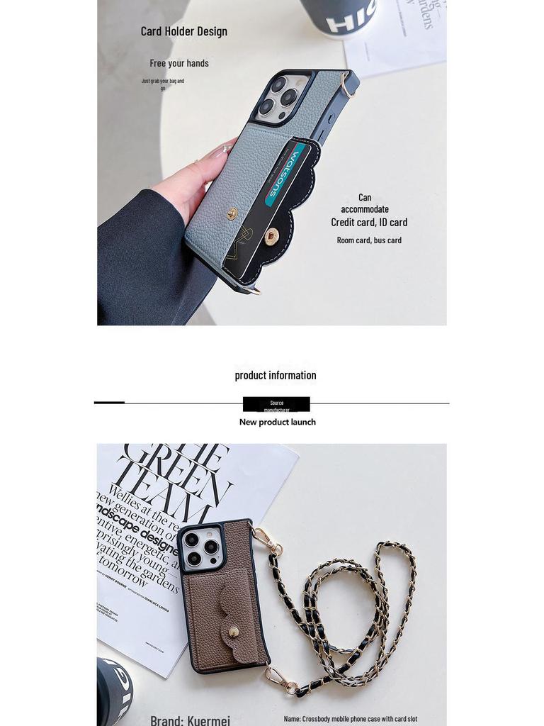 Чехол-ремешок через плечо для iPhone 15/16 Pro Max с отделением для карт и защитой от падений из кожи