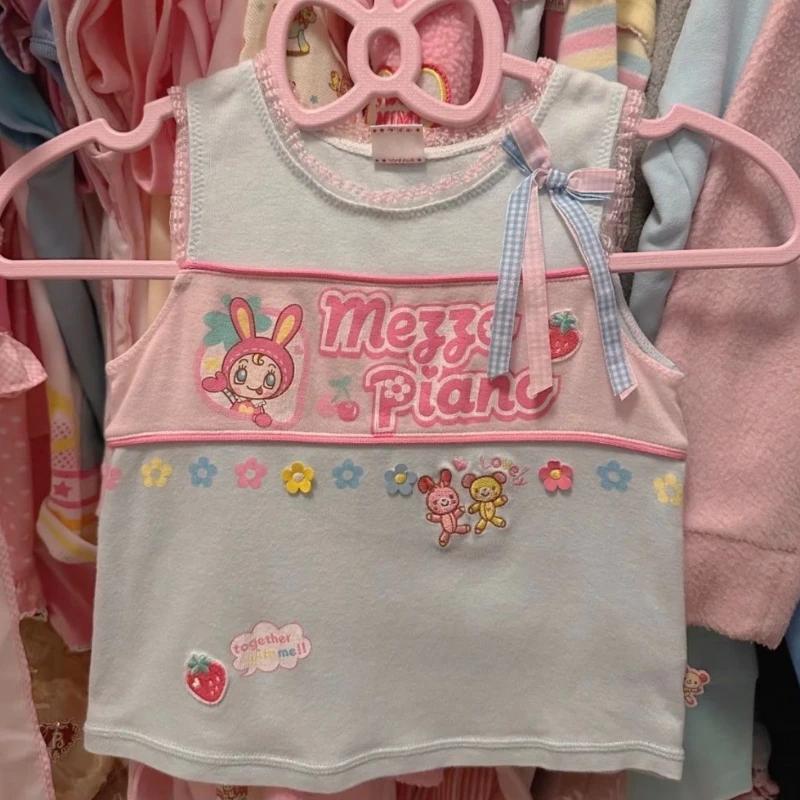 Japanese Cartoon Printing Tanks Women Summer Kawaii Cute Bow Tank Tops  Fairy Lace Patchwork Embroidery Camisoles Y2k Aesthetic