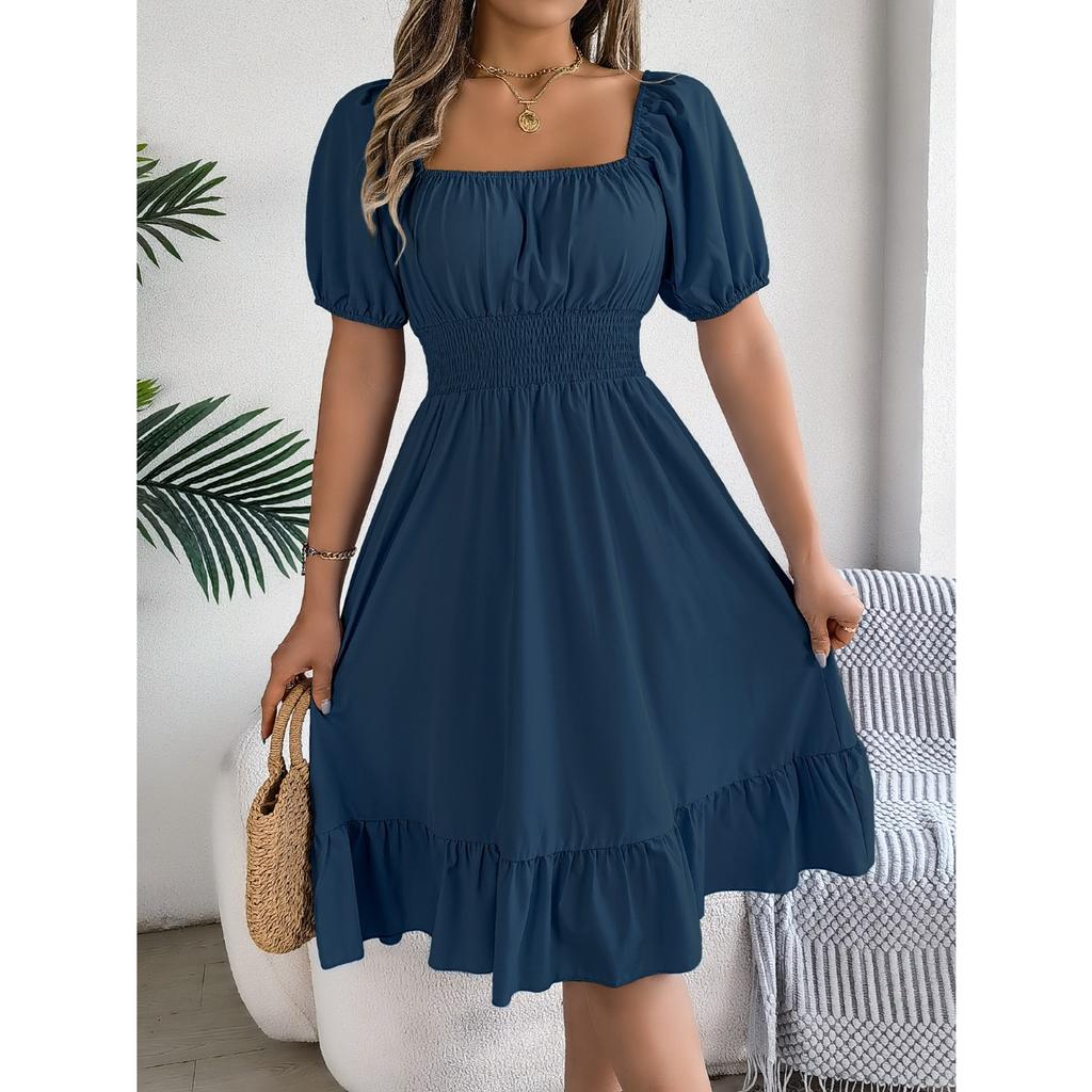 GMXIA Весенне-летнее повседневное платье с квадратным вырезом, короткими рукавами, приталенное, с А-силуэтной юбкой с оборками, женская одежда