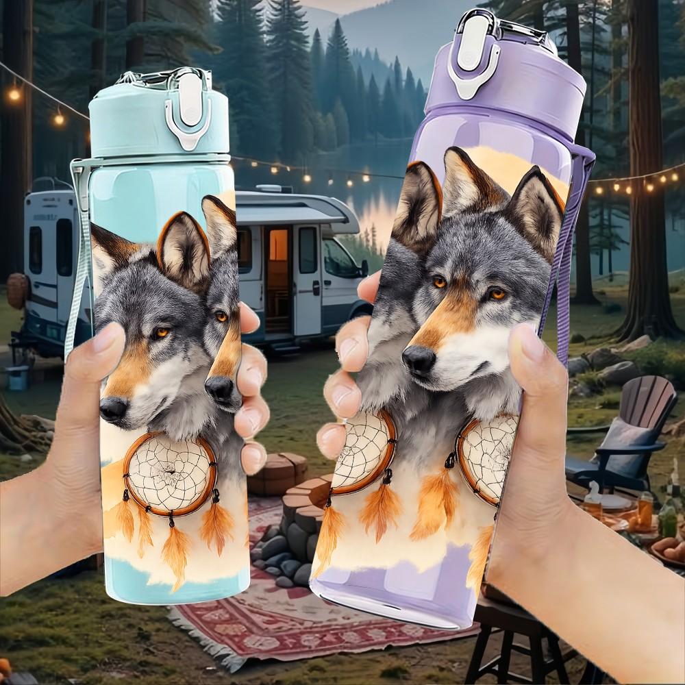 1PC Wolf Pack Forest Night Print 750ml Color Plastic Sports Water Bottle Leakproof Flip Straw Lid Suitable for Sports Office Home Use