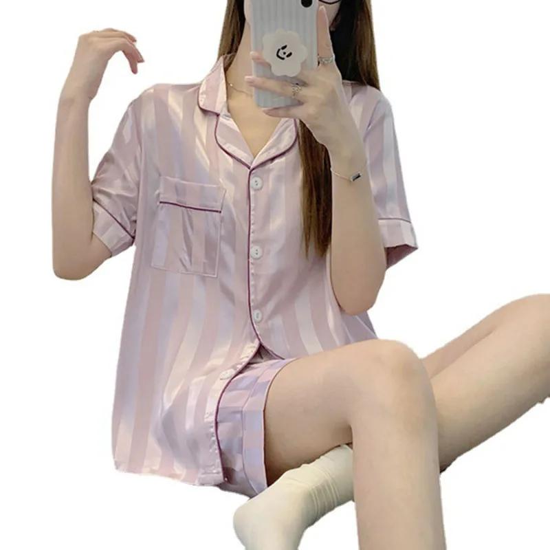 Пижама из ледяного шелка, женский комплект из кардигана с короткими рукавами и лацканами, домашняя одежда, однотонная полосатая сексуальная ночная рубашка для женщин, одежда для сна, 2 шт./комплект