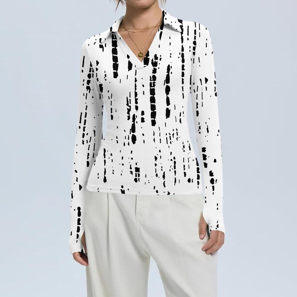 Женская Мода Повседневный Принт V-образный Вырез Длинный Рукав Застежка на Пуговицы Топ