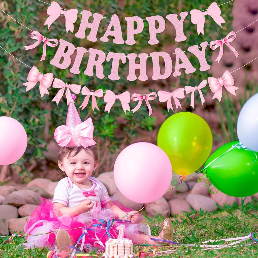 Bow Happy Birthday Banner, Pre-Strung Pink Bows Garland for Women Girls Bow Birthday Party Decorations, Bow Party Decor