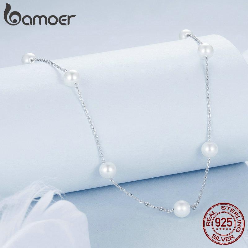 Ожерелье-чокер BAMOER из стерлингового серебра 925 пробы с изысканным жемчугом, белое золото с жемчугом, подвески, ювелирные изделия, подарки для женщин