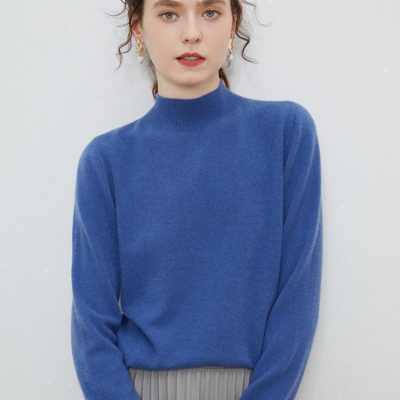 Осенне-зимний женский свитер с высоким воротником, свитер из 100% чистой шерсти, свободный тонкий свитер, однотонная нижняя рубашка с длинными рукавами