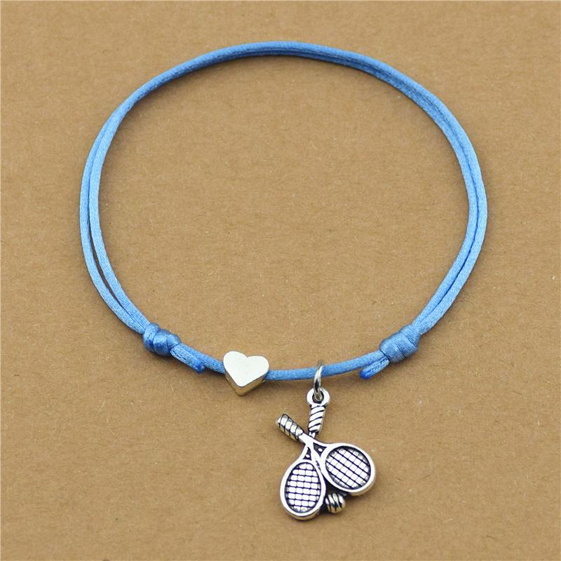 Новая спортивная тема, двойная теннисная ракетка, браслеты-подвески, регулируемое сердце любви, красный шнур, черная веревка, браслеты, подарки для теннисной команды