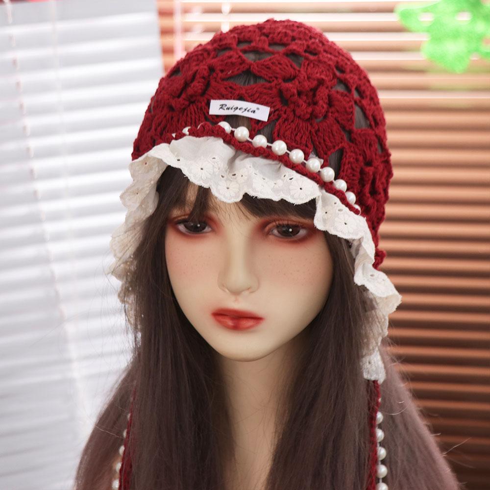 Hollow Out Lace Beanies Pearl Tassels Knit Cap Casual Crochet Flower Knitted Hat Girls