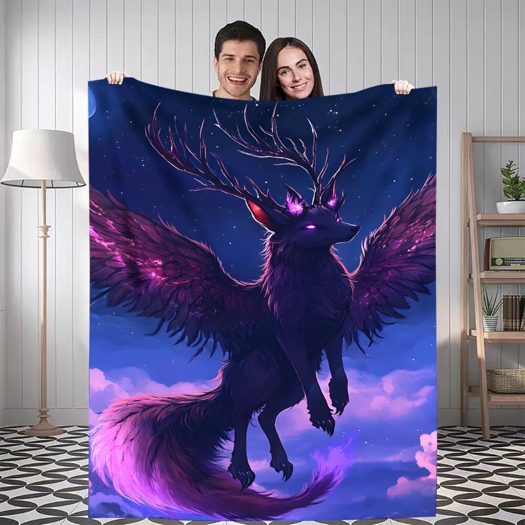 1pc Fantasy Creature Throw Blanket - Mythical Purple Wings & Deep Blue Night Sky Design, Soft Flannel All-Season Warmth for Home