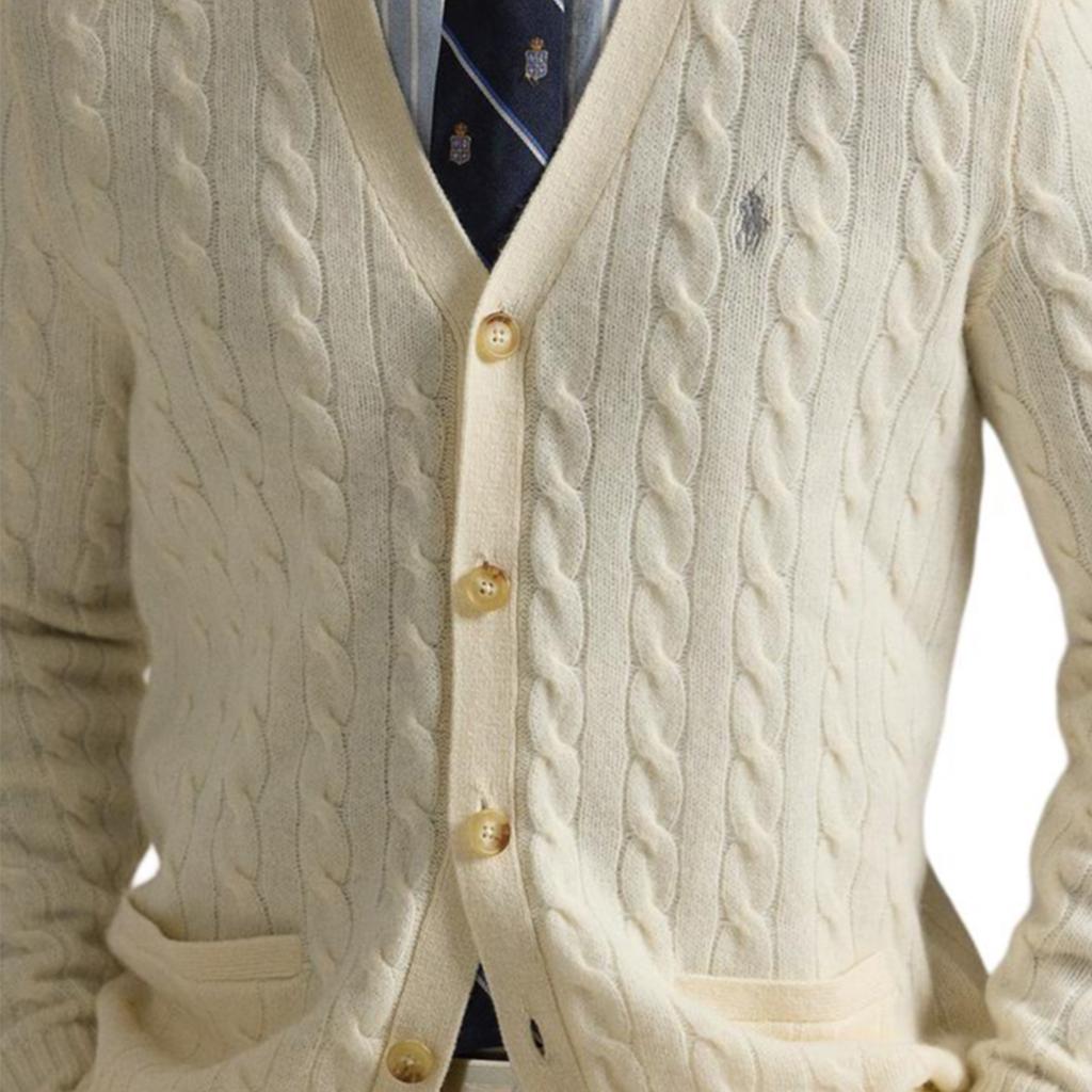 Polo Ralph Lauren FW24 Solid Color Small Pony Embroidered V-Neck Knit Sweater Men Sweater Cream MNPOSWE16822052-101