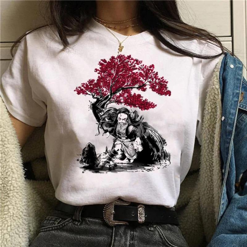 Японская аниме-футболка Demon Slayer Oversize Женская одежда Nezuko Kawaii Футболки Tanjirou O-Neck Graphic Женская футболка Manga Tops