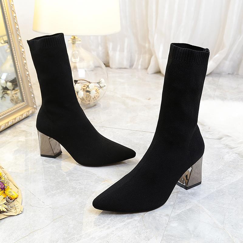 Fashion Aphixta Metal Color 7cm Square Heels Socks Boots Women Big Size 43 Stretch Fabric Elastic Pointed Toe Shoes Ankle Boot Woman