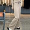 Wool Casual Pants Solid Color Straight Wide Leg Knitting Trousers with Drawstring High Waist Thickened Slacks