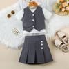 2-8Y Girls Spring and Summer Suit Fashion V-neck Single-breasted Waistcoat + Pullover Top + Pleated Skirt 3pcs