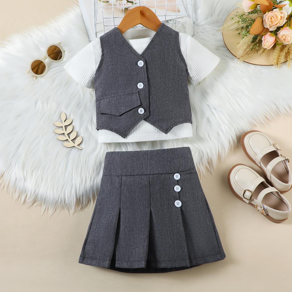2-8Y Girls Spring and Summer Suit Fashion V-neck Single-breasted Waistcoat + Pullover Top + Pleated Skirt 3pcs