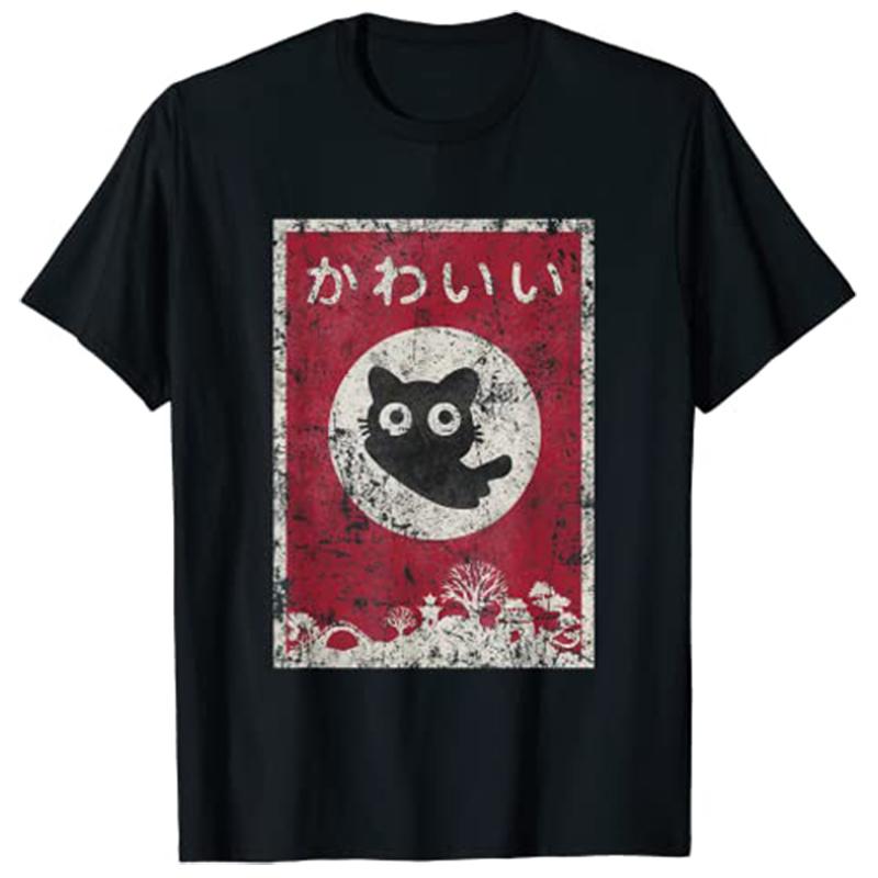 Кавайная Кошка Японская Черная Аниме Кошка Футболка T-Shirt Женская Одежда Y2k Унисекс Га Графическая Одежда Повседневные Топы Мультяшная Футболка Личная