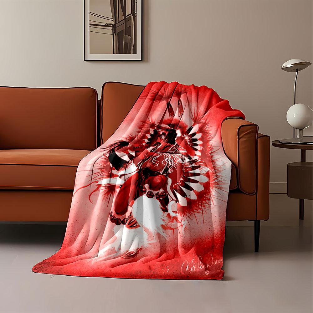 A dynamic red-toned artwork featuring a dancer with feathered patterns. for all seasons blanket lunch break throw gift