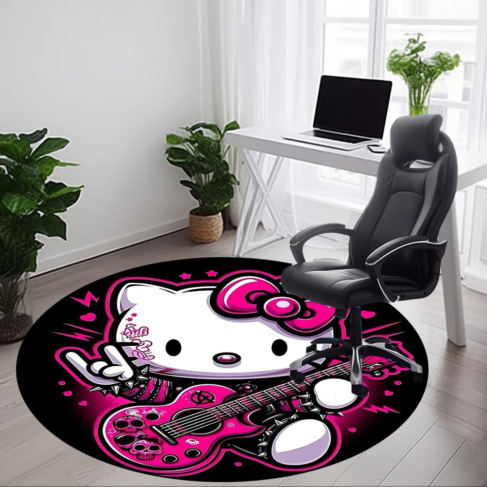 1 шт. Круглый коврик Hello Kitty для офиса - Идеально подходит для декора офиса или кабинета, Можно стирать в машине, Нескользящая основа, Декоративный коврик для пола